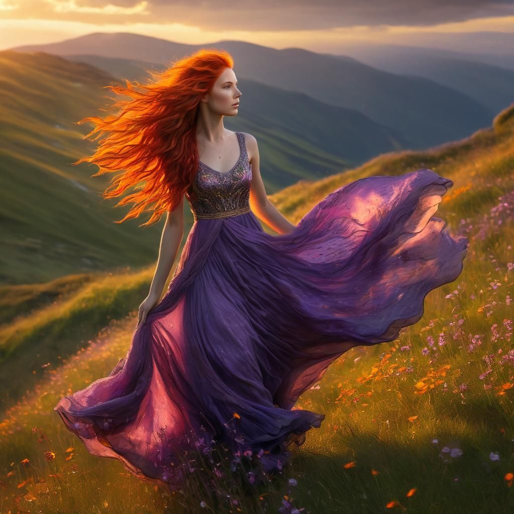Serene Redhead in Sunset Landscape, Fantasy Realism