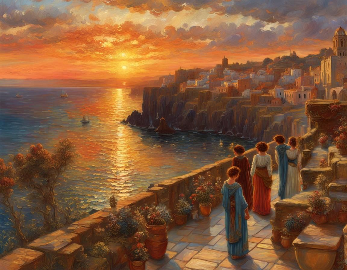 Pre-Raphaelite Summer Sunset Oil Painting in Detailed Style