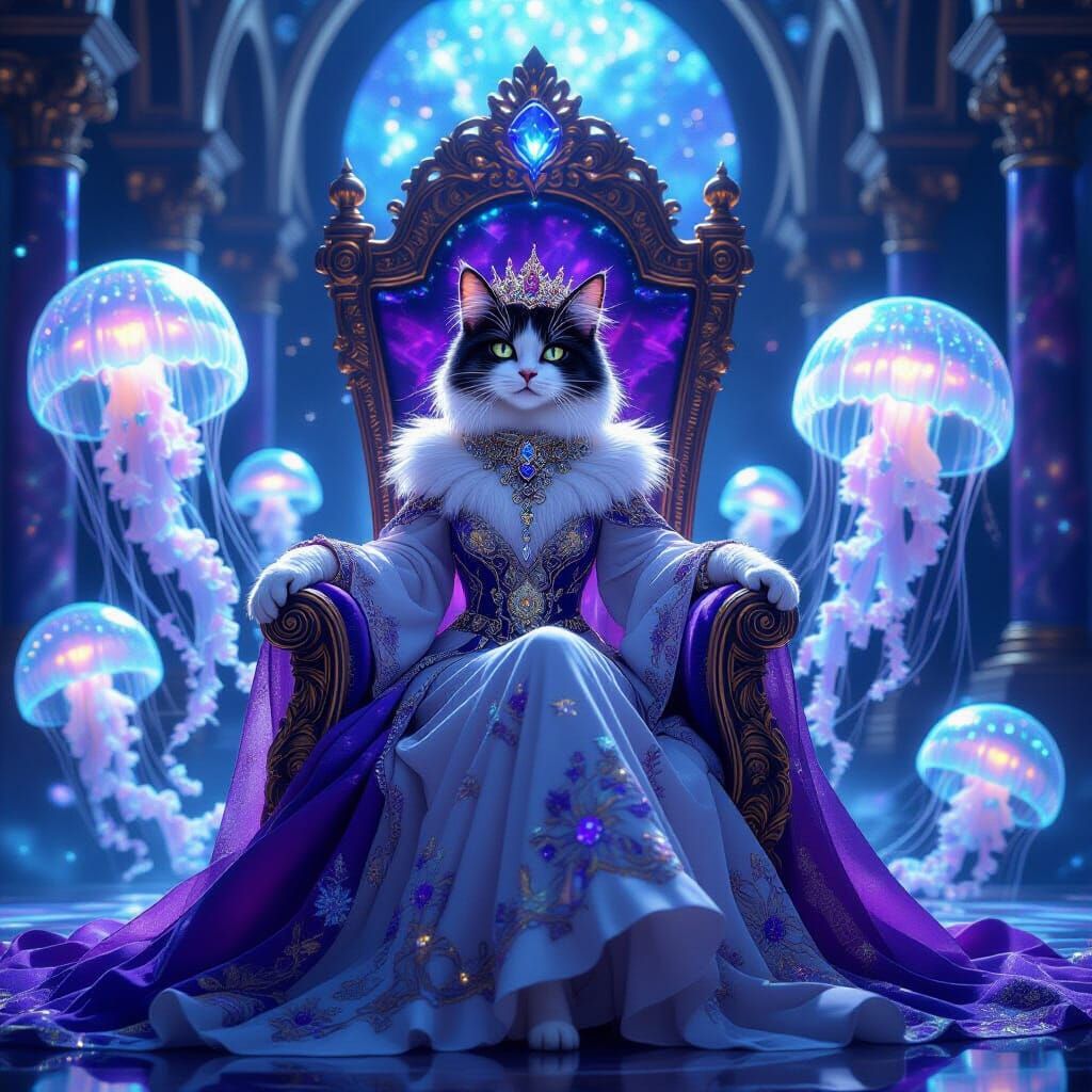 Calico Cat Queen on Amethyst Throne in Digital Art