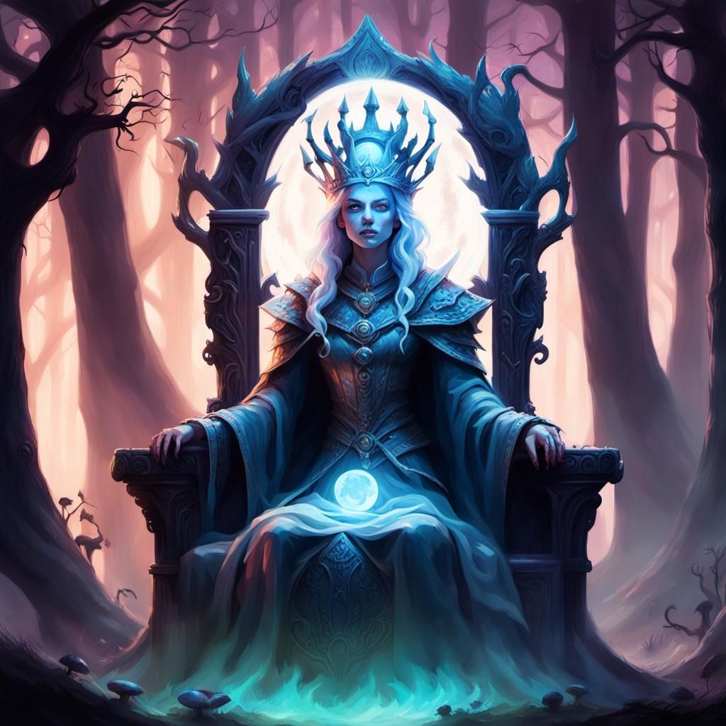 Mad Queen Moon on Moonstone Throne, Dark Fantasy Art