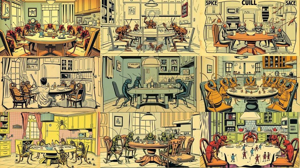 Faded Sci-Fi Comic Book Panel of Cockroaches in a Kitchen
