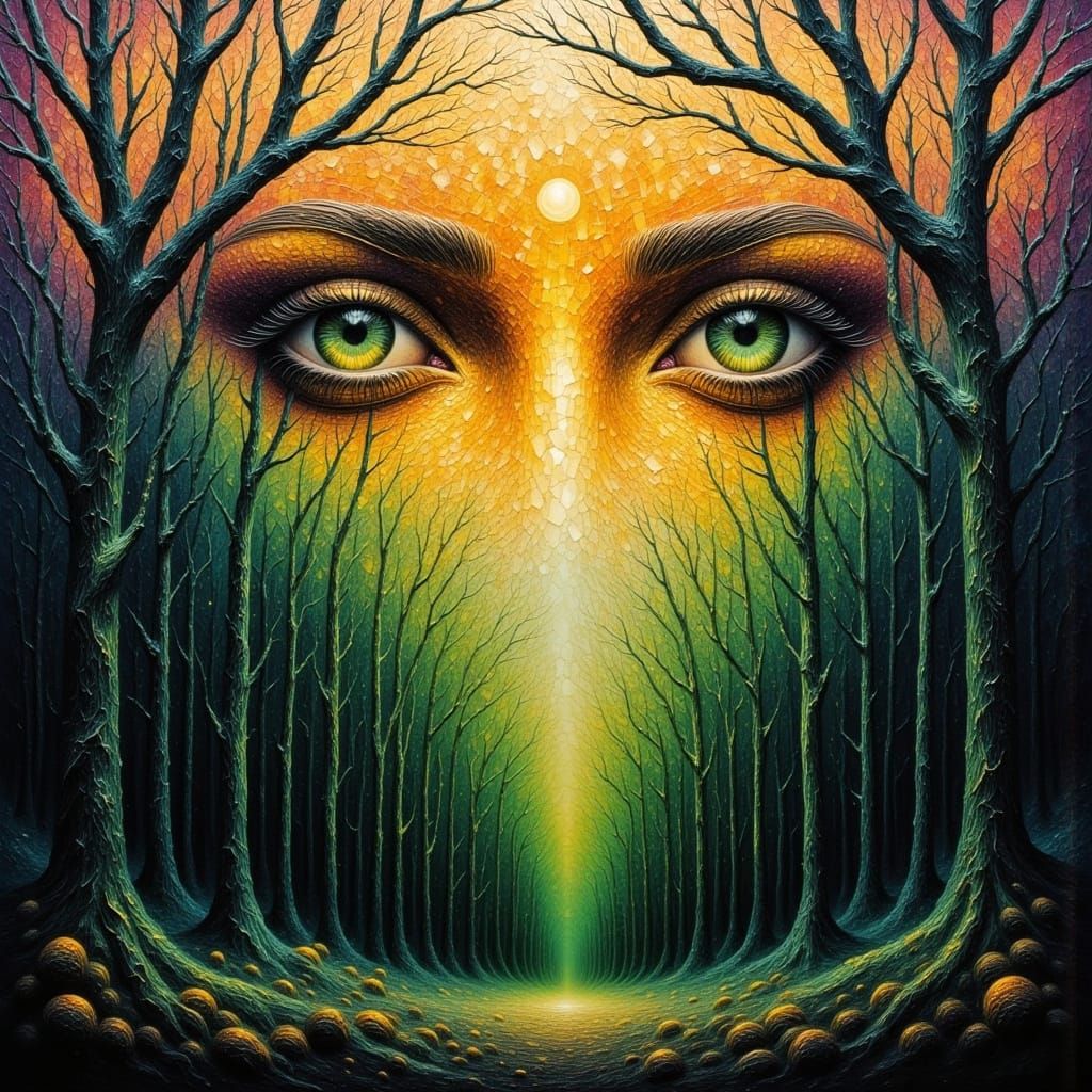 Surreal Golden Sunrise in a Textured Forest Landscape