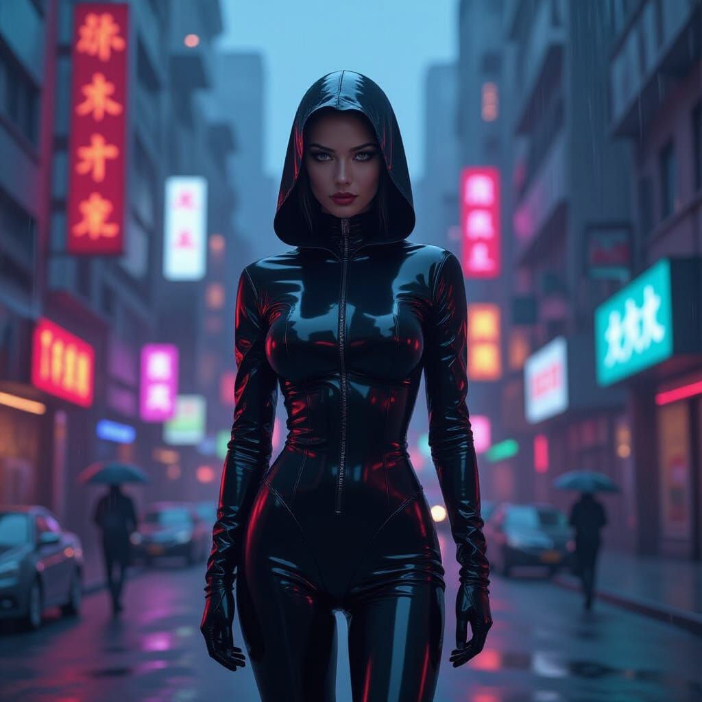 Cyberpunk Dominatrix in Neon Cityscape