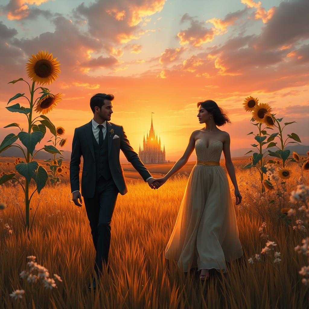 Elegant Couple Strolls through Sunset Golden Fields