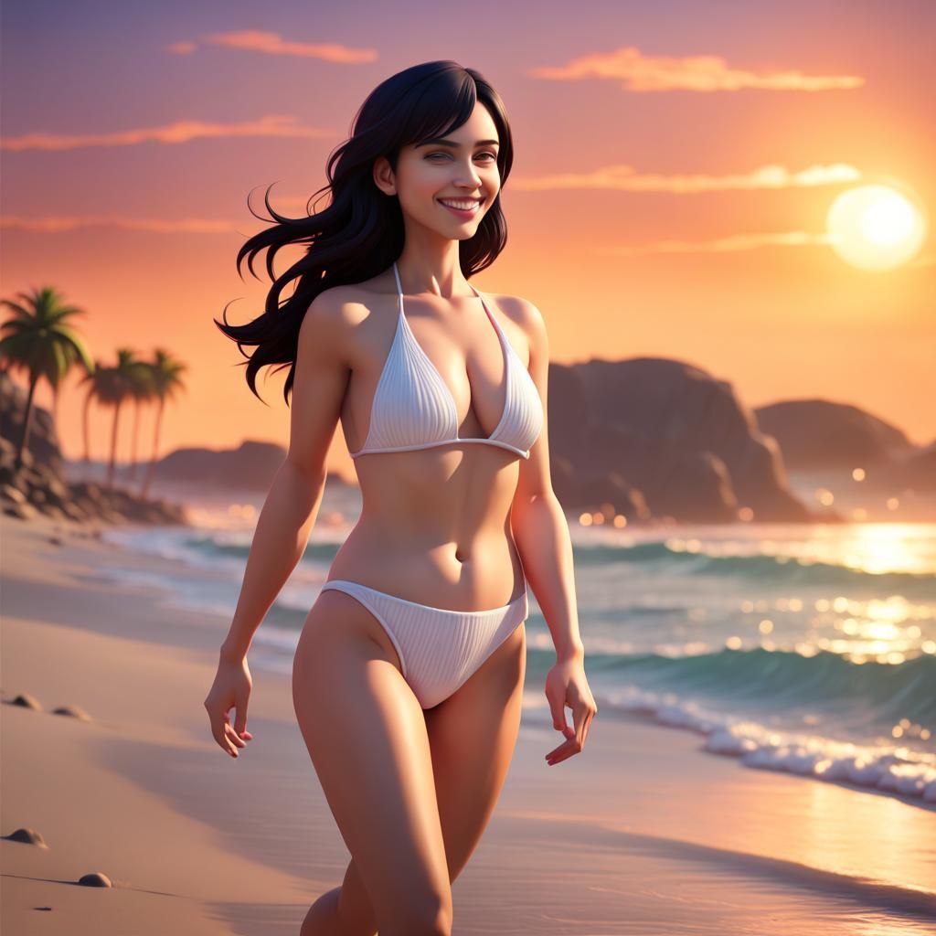 Woman on Beach at Sunset in Pixar 3D Style