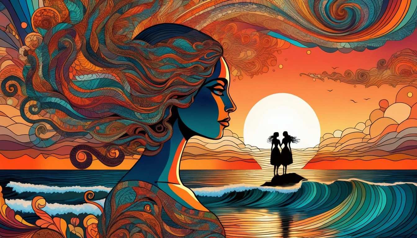 Dreamlike Sunset Scene in Art Brut Style