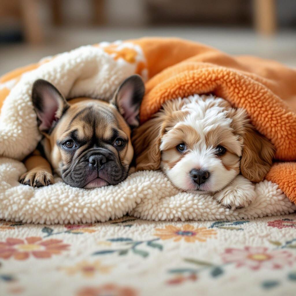 Two Adorable Puppies Resting on a Cozy Carpet