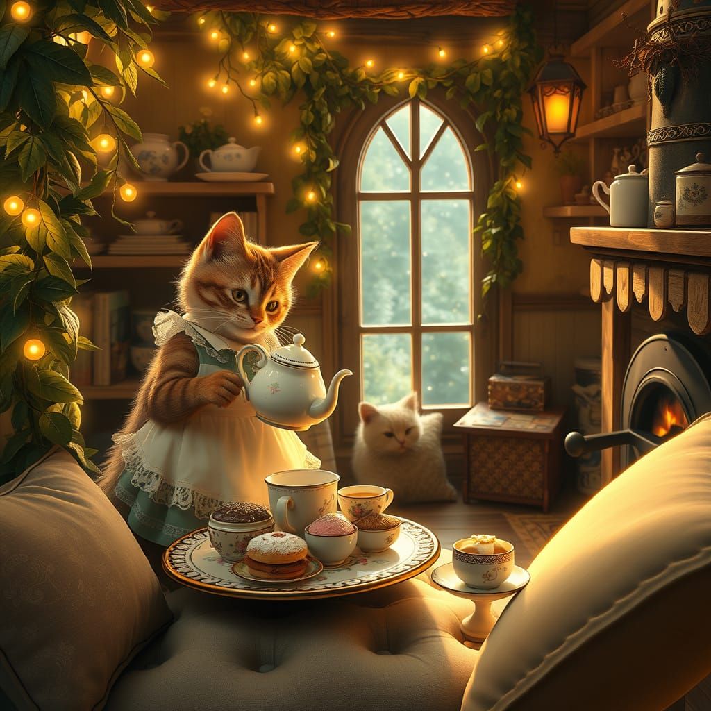 Whimsical Feline Tea Shop in Warm Golden Light