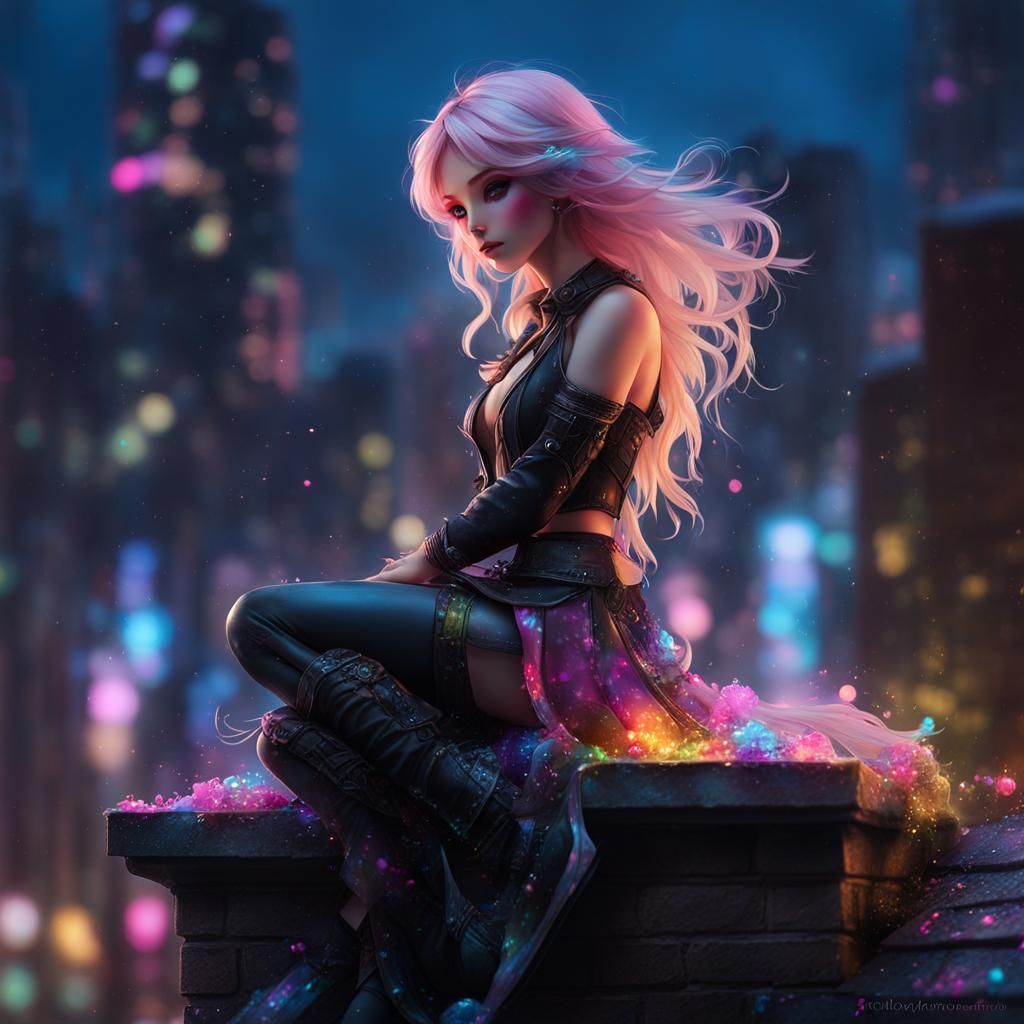 Doll on City Roof in Bioluminescent Acrylics