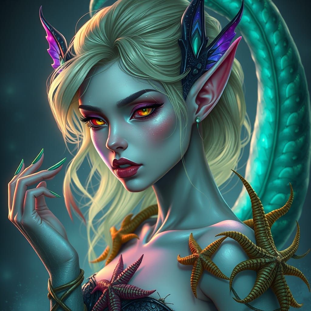 Ethereal Sea Elf with Bioluminescent Fins and Mysterious Gaz...