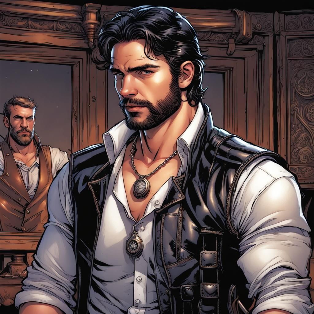 Portrait of a Man with Leather Vest in Comic Art Style