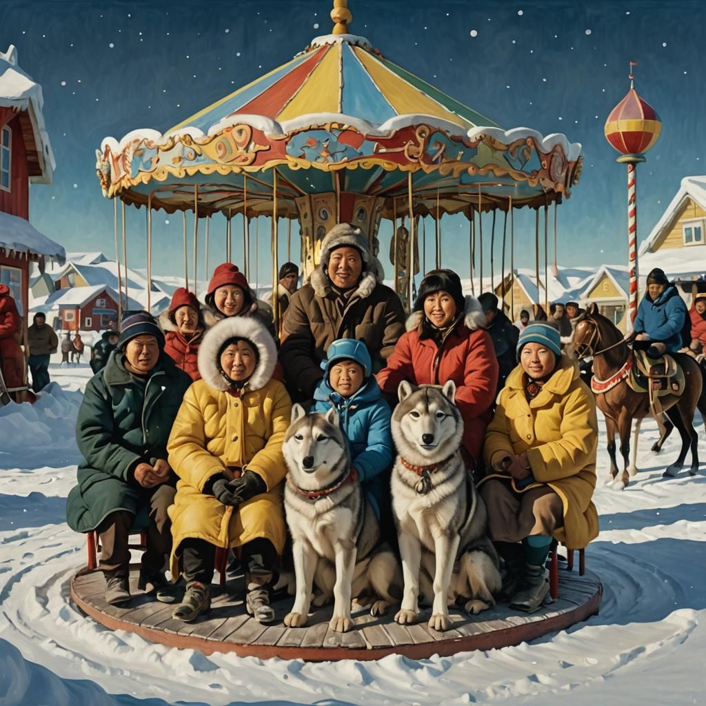 Surreal Eskimo Village Merry-Go-Round in Impressionist Style