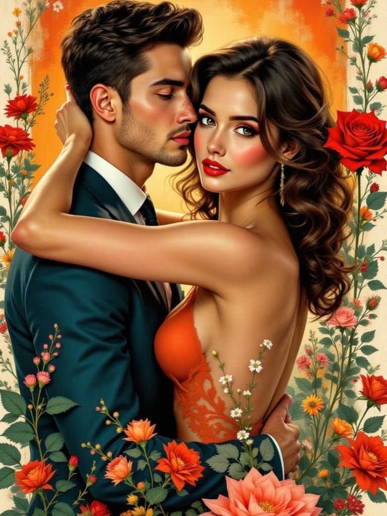 Sultry Pin-Up Couple in Vibrant Abstract Embrace