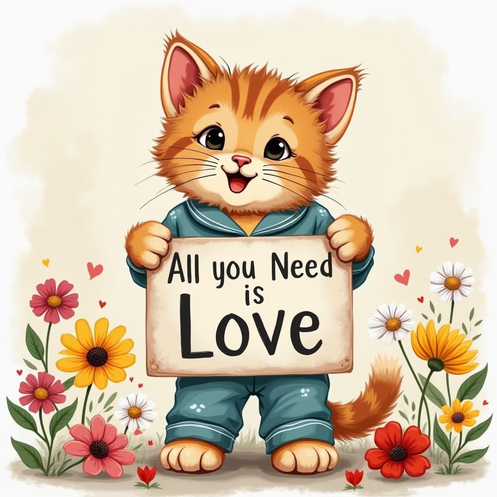 Kitten in Pajamas with Flower Garden