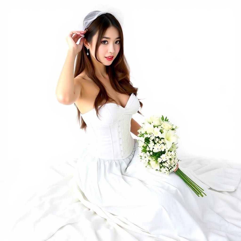 Japanese Woman in White with Flowers and Veil
