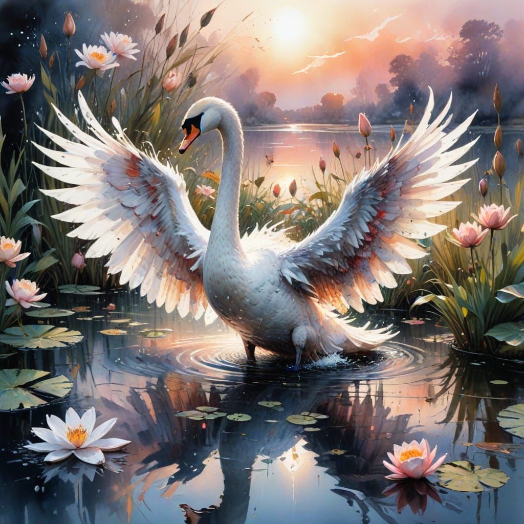 Swan on Twilight Lily Pond in Watercolor Style