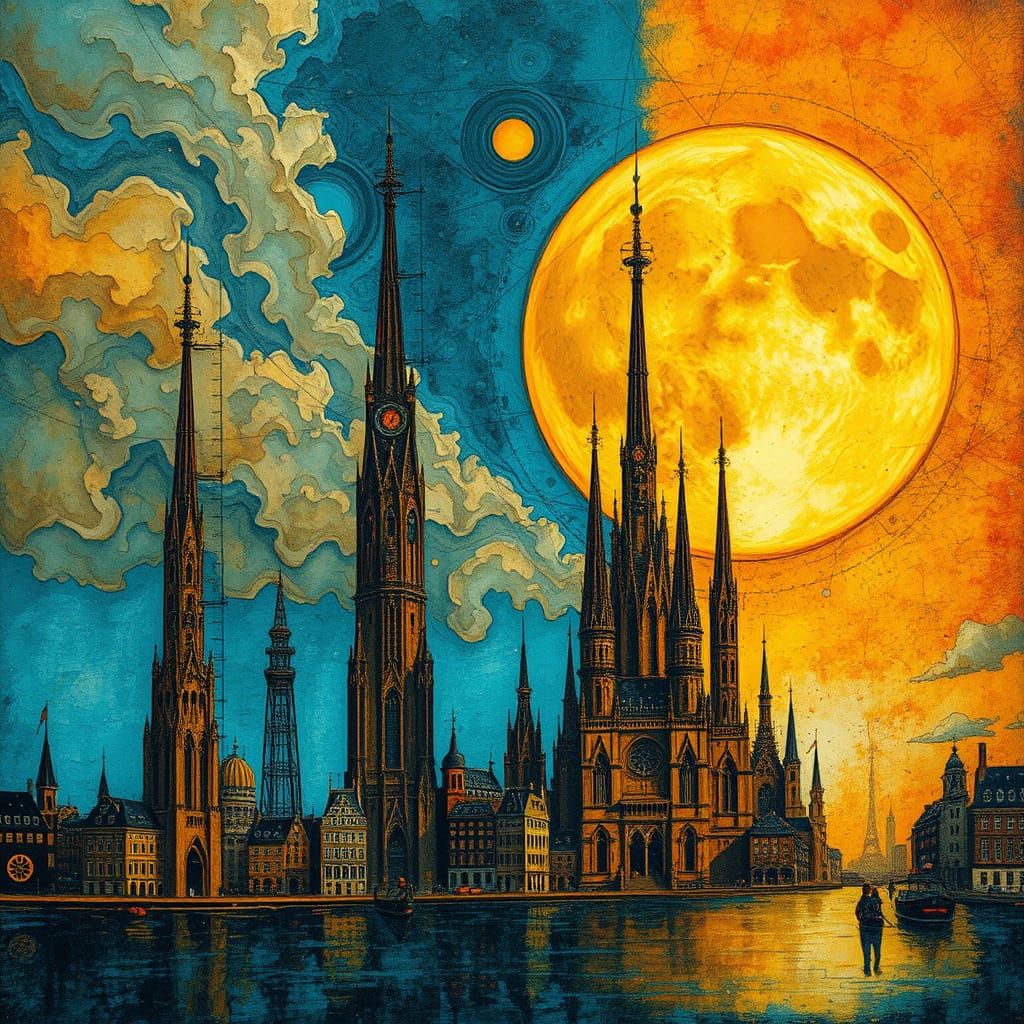 Surreal Futuristic Cityscape Under a Glowing Moon