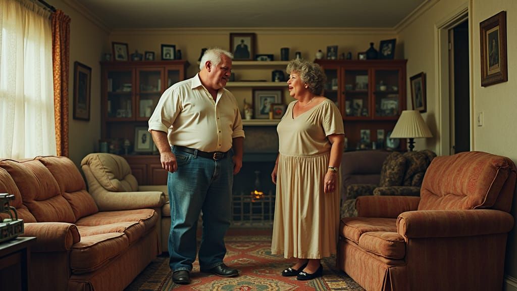 Arguing Couple in 1970s Living Room, Rockwell Style