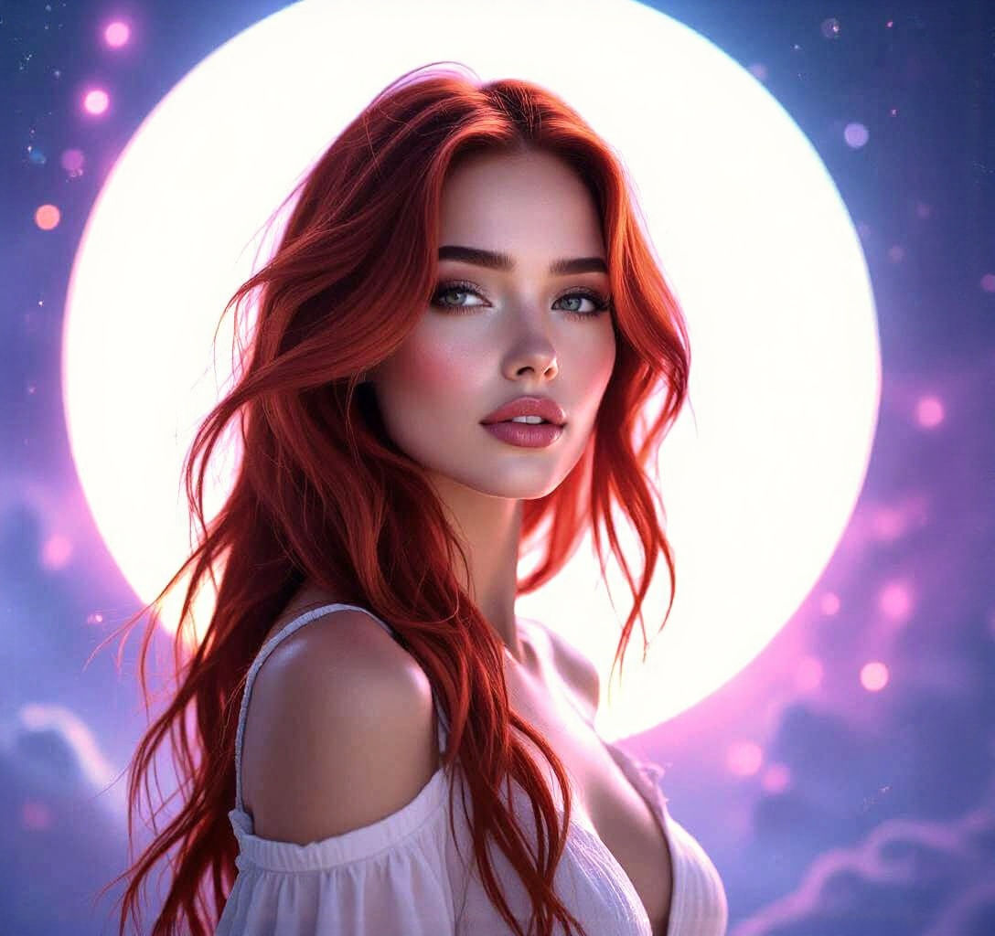 Ethereal Woman Before Glowing Planet in Cosmic Fantasy Sci-F...