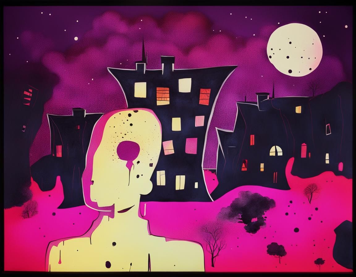 Surreal Faceless Man in Burning Suburban Landscape