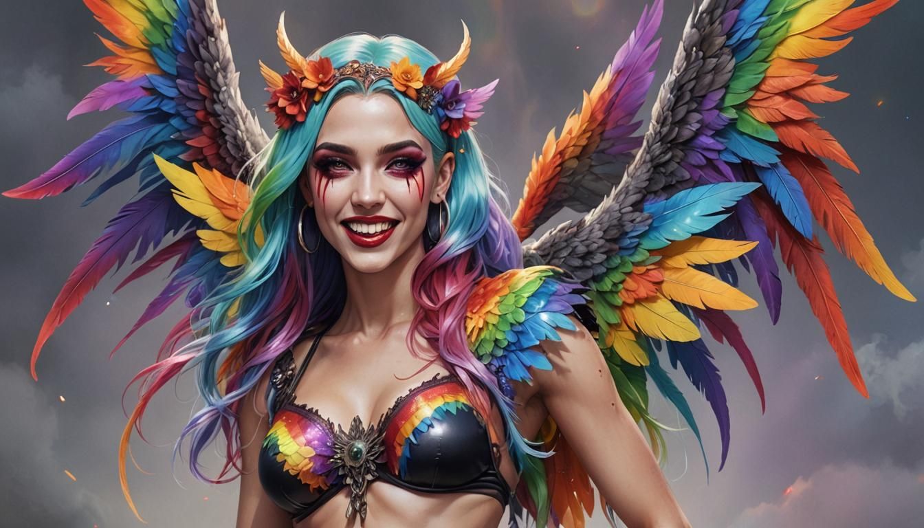 Archangel Girl with Rainbow Wings and Vampire Fangs