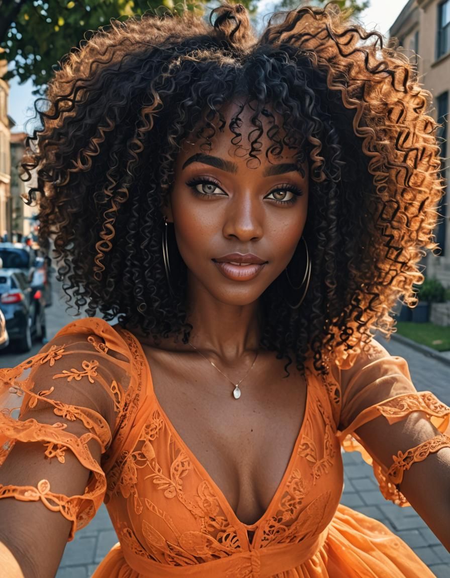 Beautiful Black Girl Selfie in Orange Dress