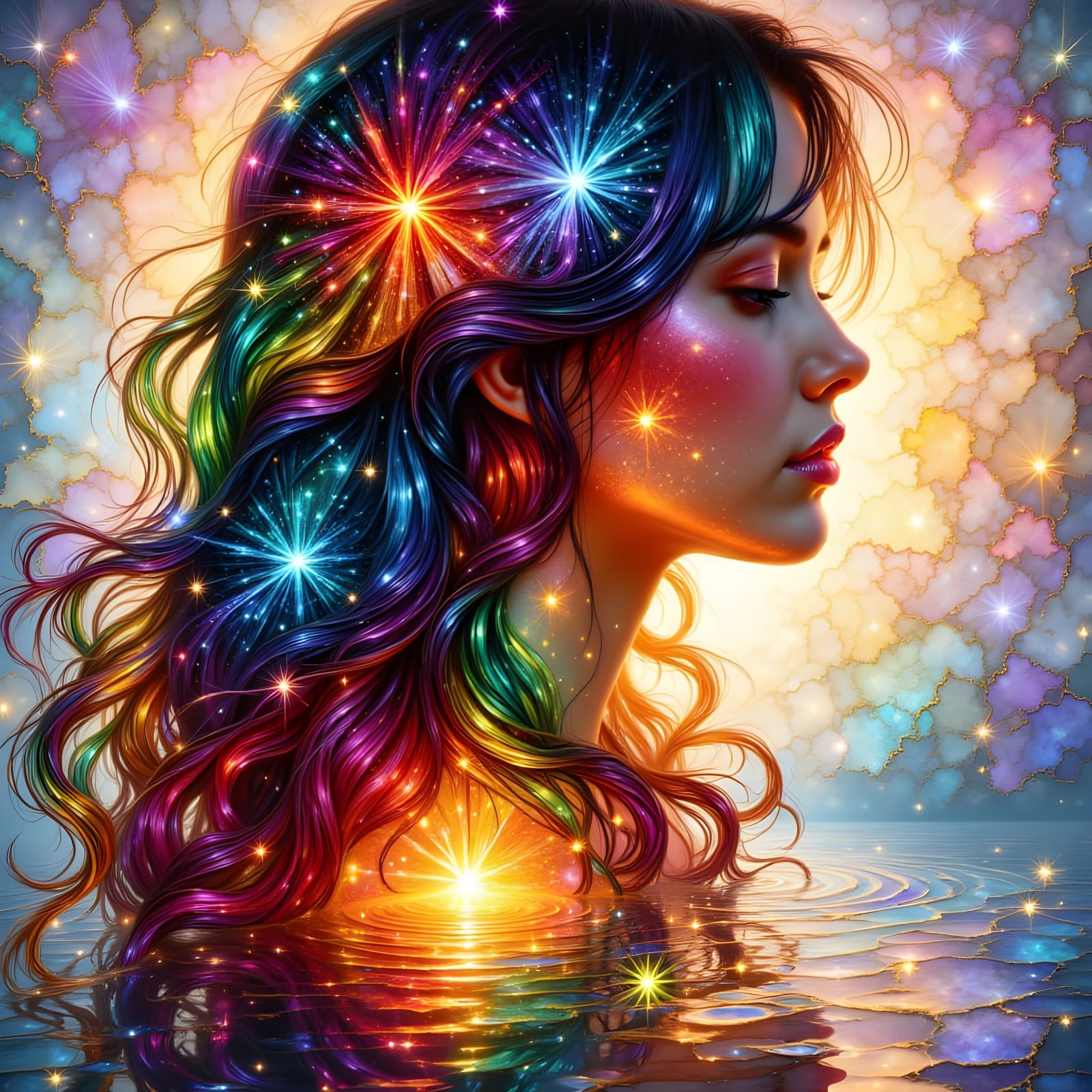 Woman's Double Exposure with Rainbow Hair and Star Mandala