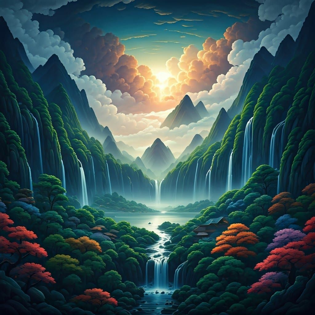 Epic Ukiyo-e Mountain Landscape with Stormy Sky