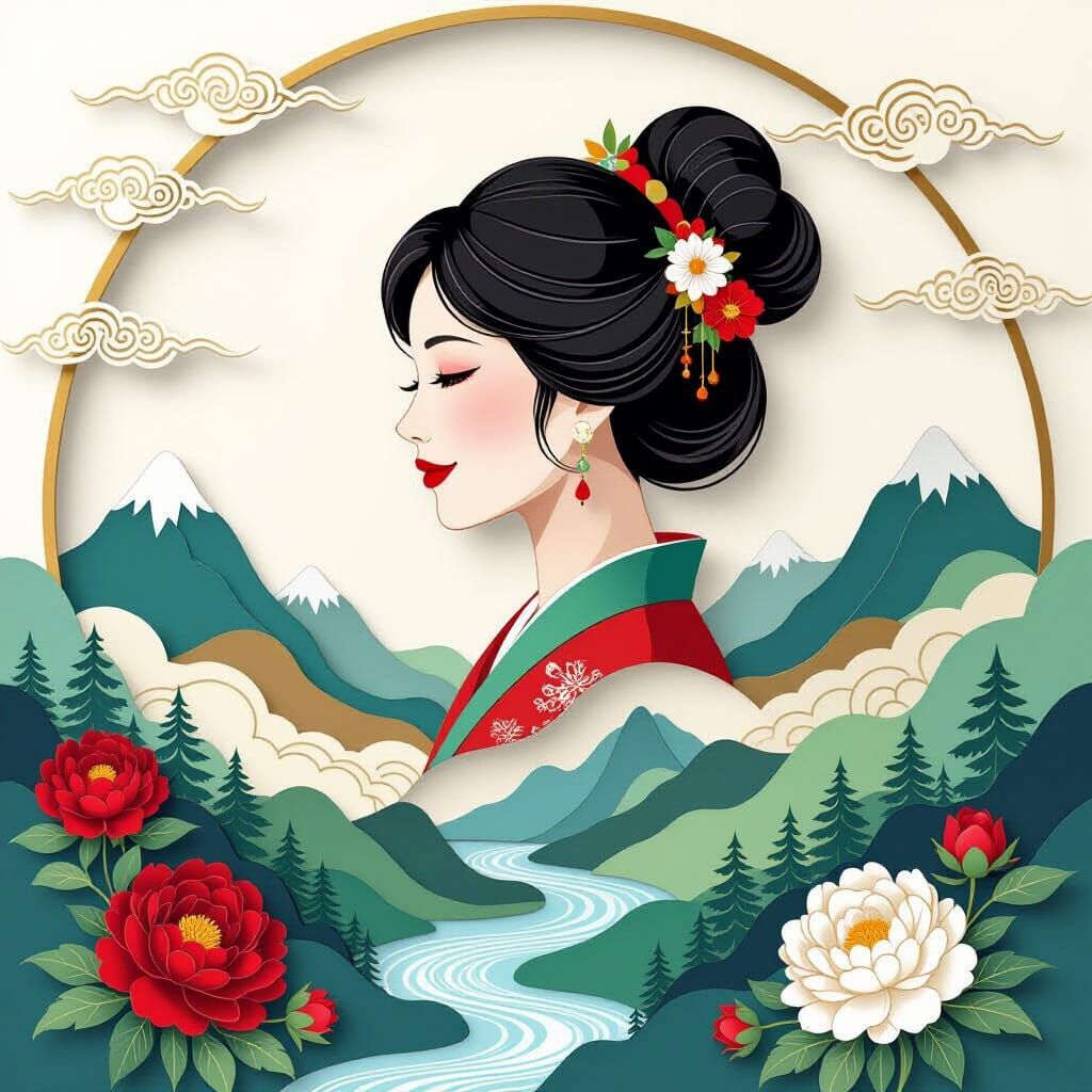 Layered Paper-Cut Silhouette of Woman with Asian Landscape