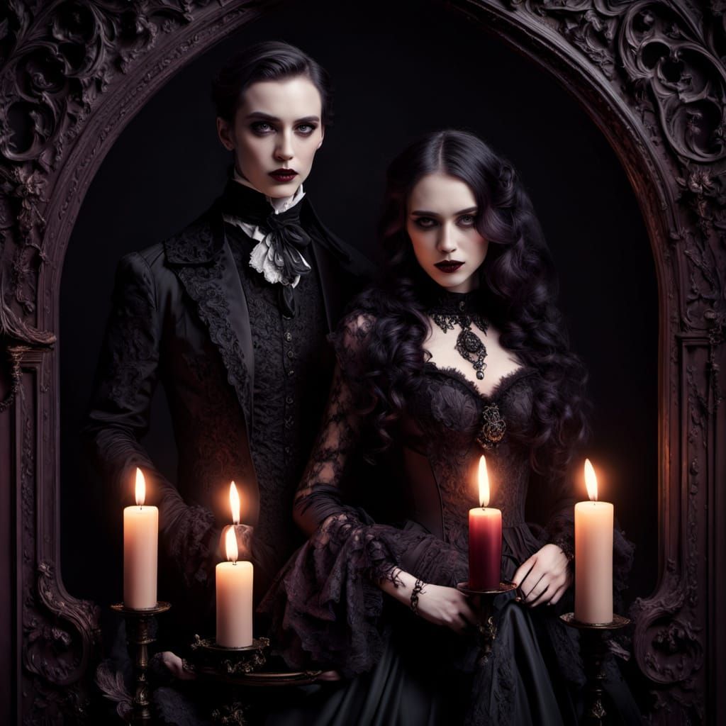 Elegant Gothic Couple Embracing in Victorian-Inspired Chambe...
