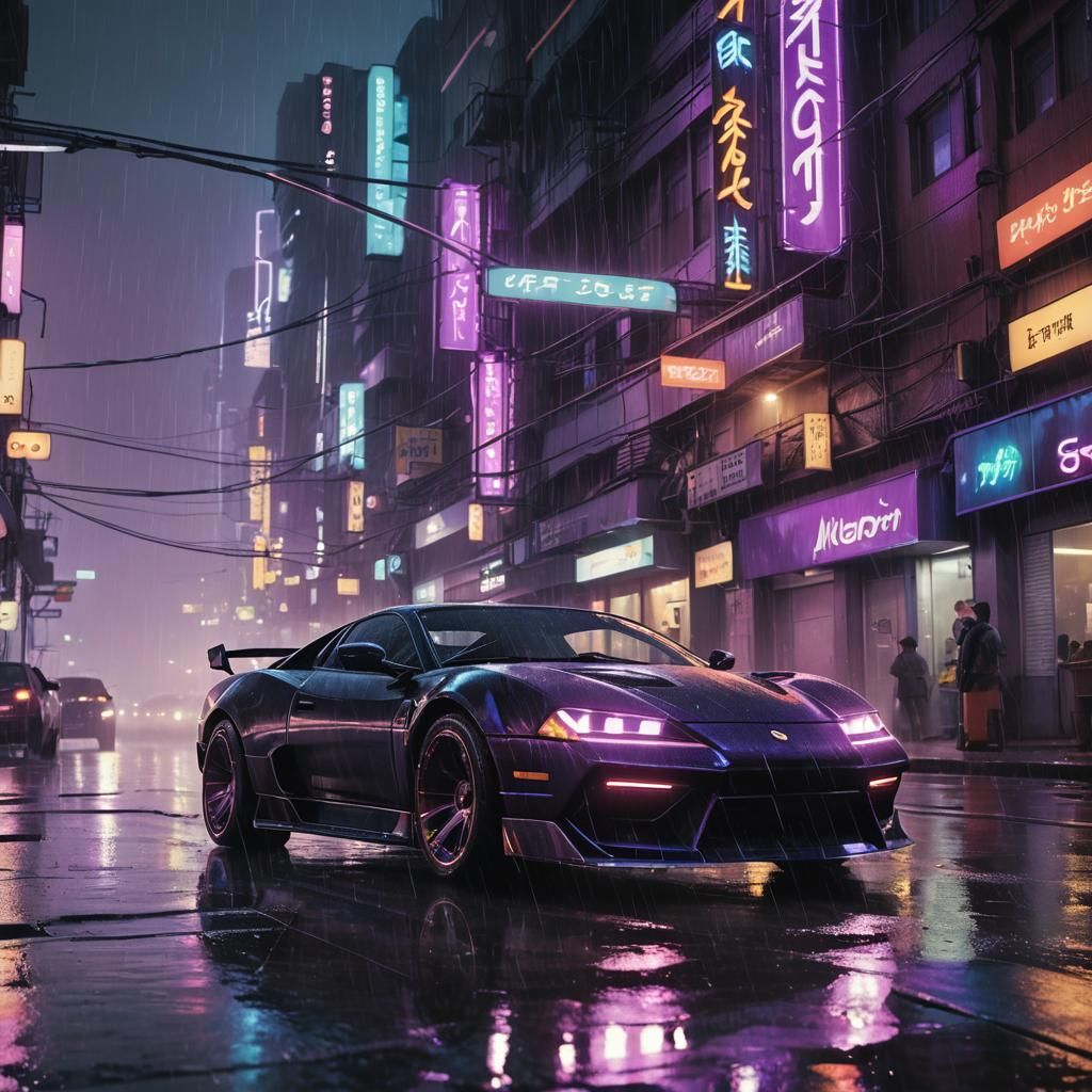 Cyberpunk Sports Car Speeding Through Rainy City