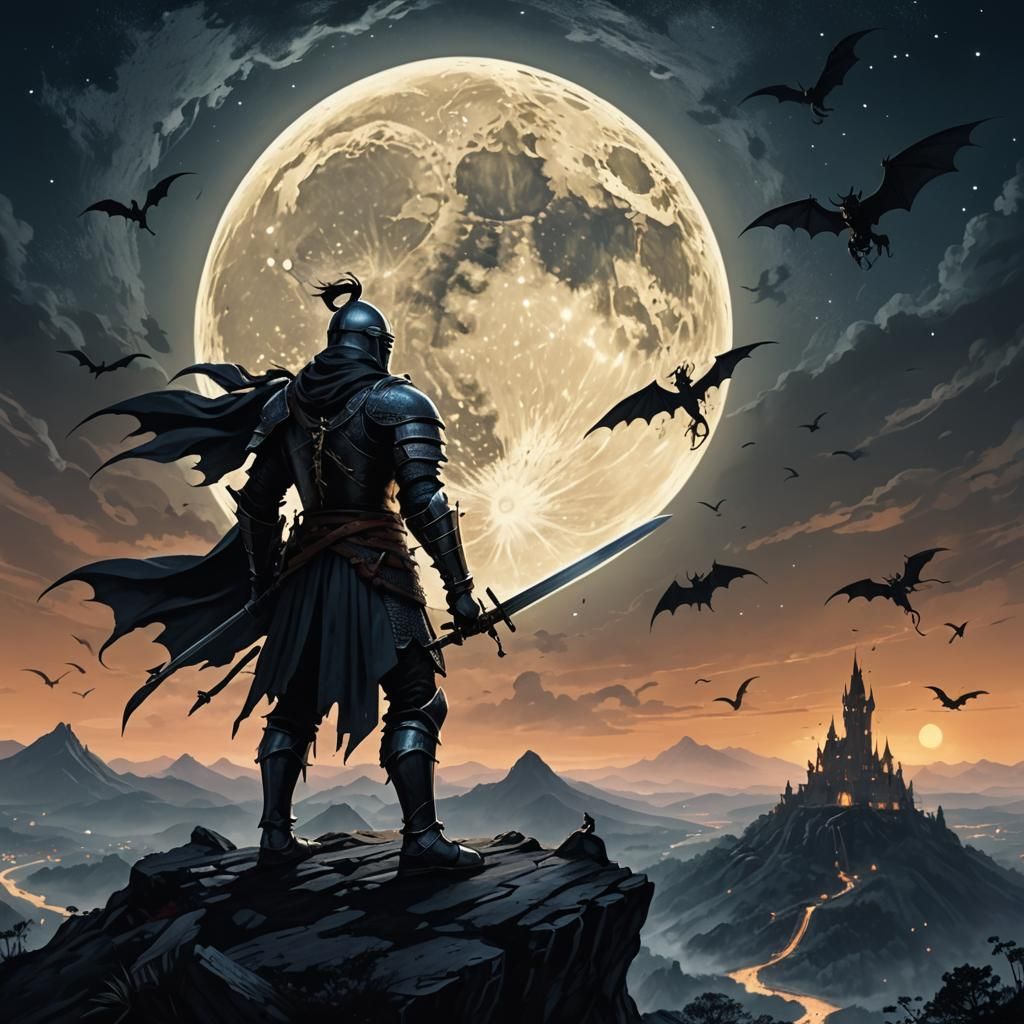 Knight and Dragons Silhouetted Against Giant Moon