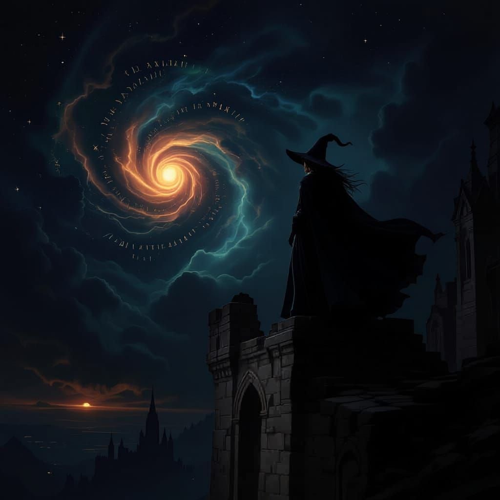 Witch on Gothic Tower Gazing at Rune Nebula