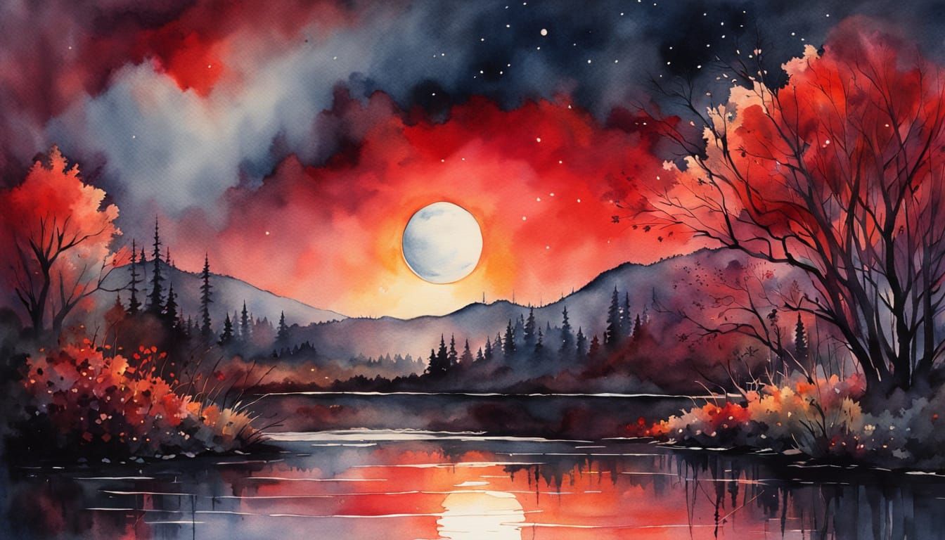 Stunning Lady Under Dark Eclipse, Whimsical Watercolor Art