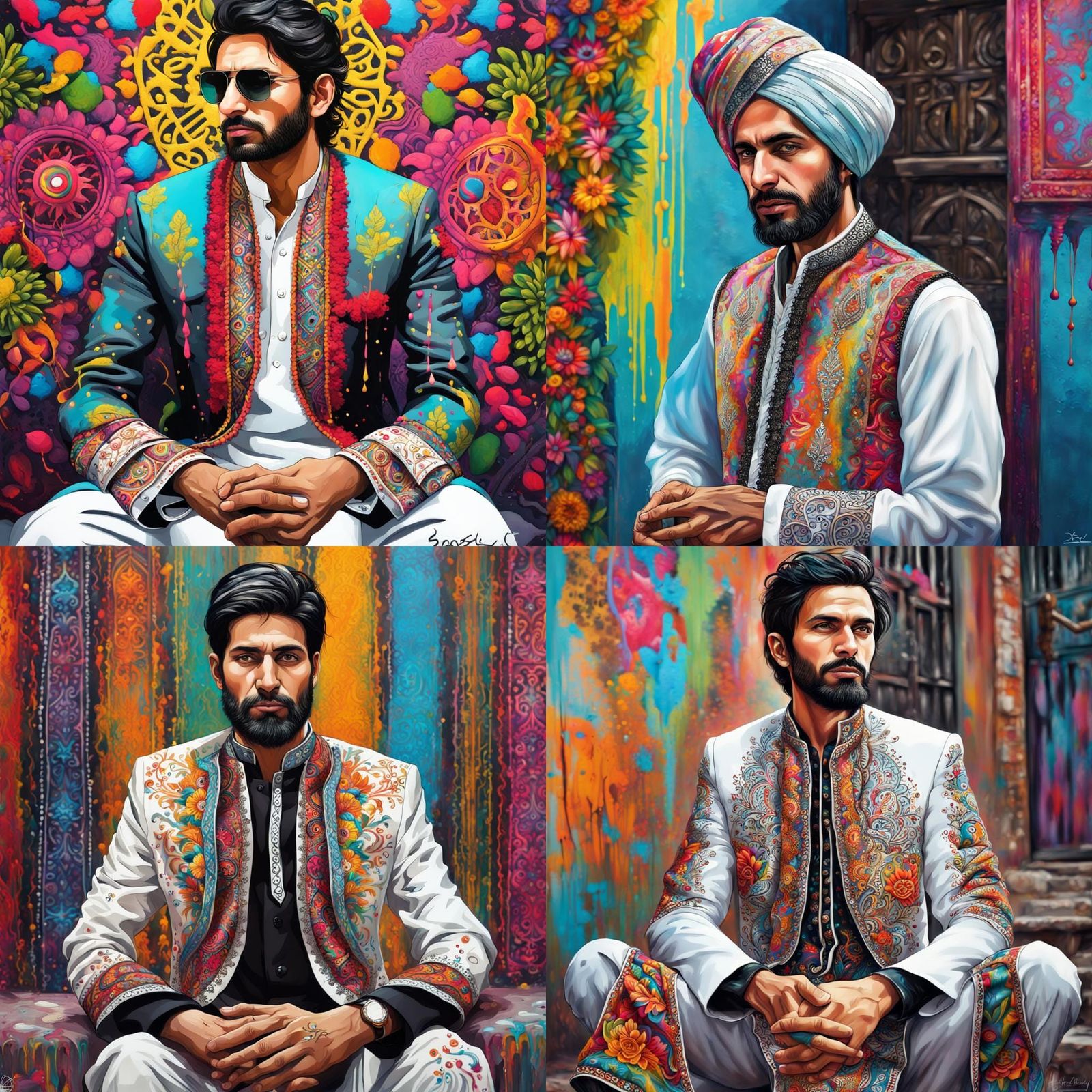 Pakistani tall man in ethnic suit, handsome, embroidered fabric, white and black, mehndi on hands, hyperreal, vibrant co...