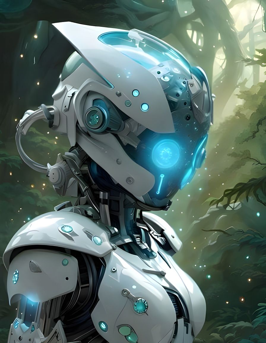 Cute Cyborg Robot in Bioluminescent Forest