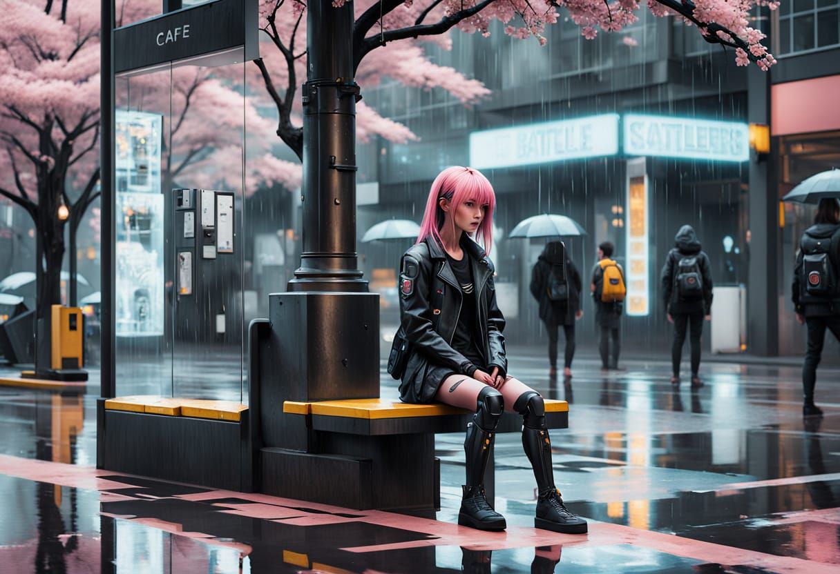 Cyberpunk Woman and Robot in Rainy Cityscape