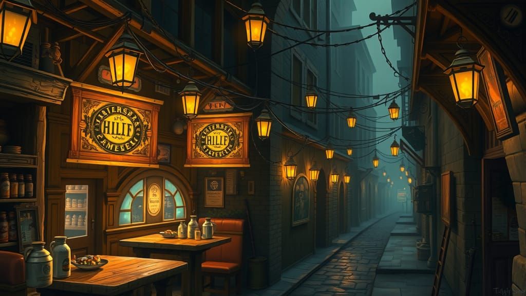 Bustling Tavern and Alleyway with Mystical Industrial Elemen...