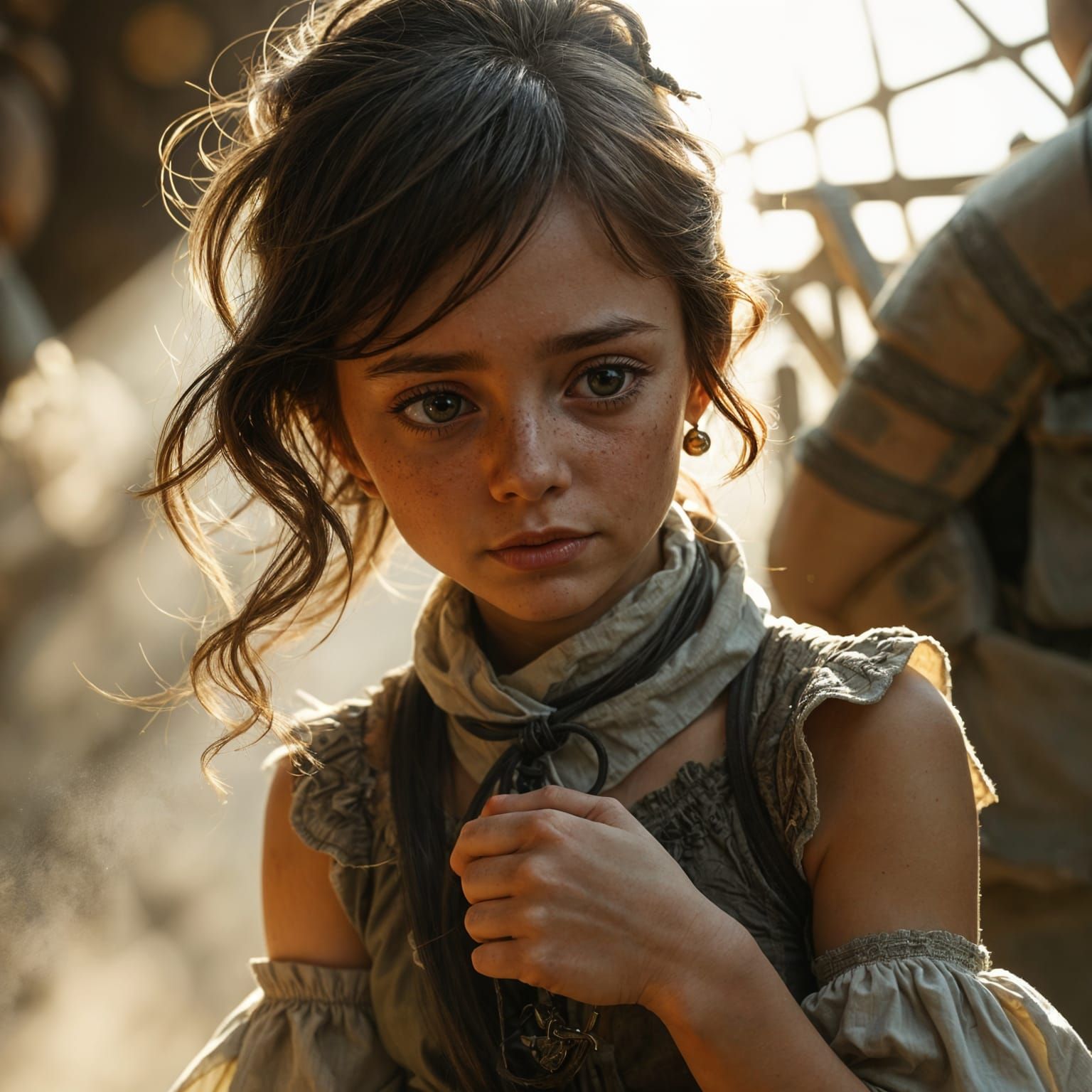 Anxious Young Woman with Freckles in Sunbeams