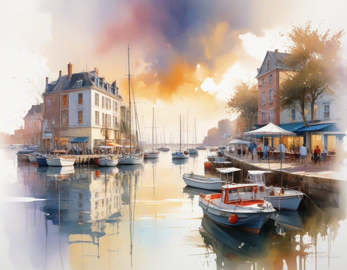 Colourful Harbourfront Buildings Reflected in Calm Water