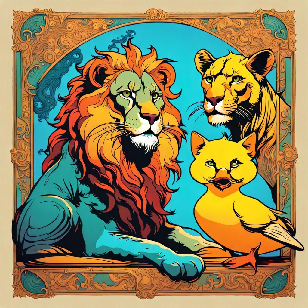 A lion, a lioness and duck that looks like a cat.
Everything has an explanation...