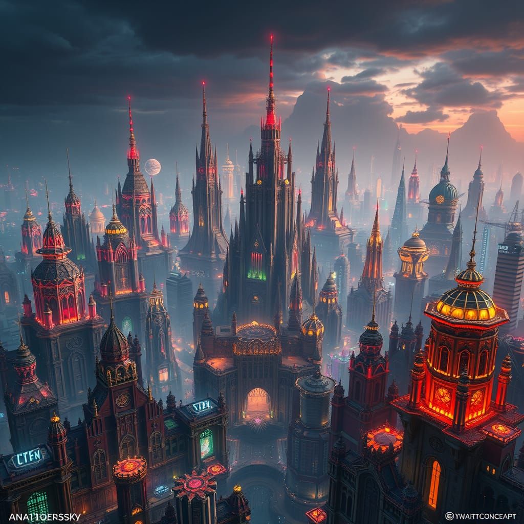Epic Cyberpunk Metropolis in Vibrant, Fantastical Style