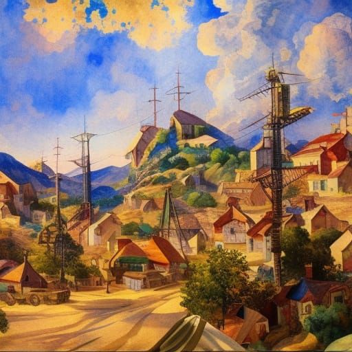 Dystopian Village with Flying Vehicles, Gouache and Watercol...