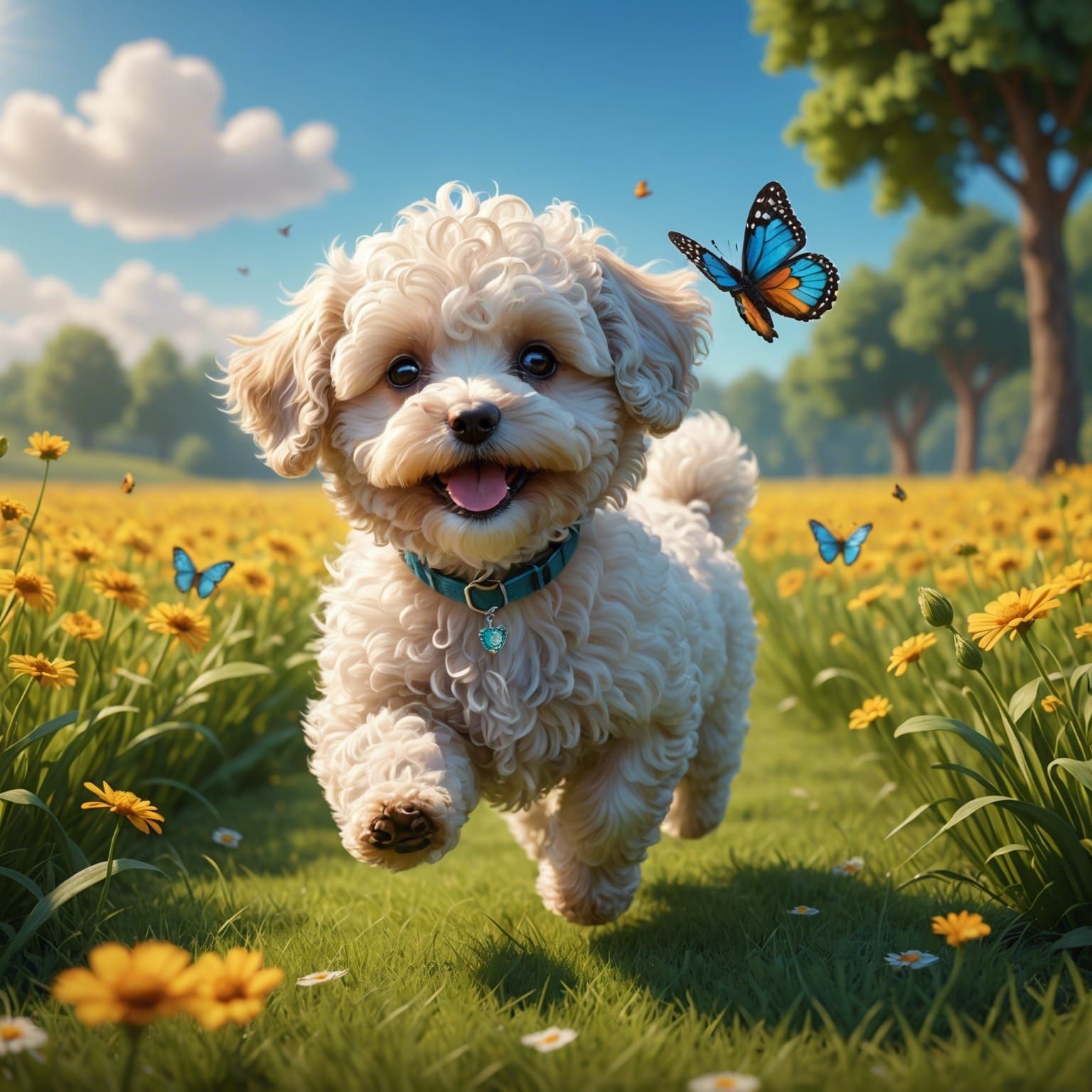 Playful Maltipoo Puppy in Sunny Field: 3D Digital Art