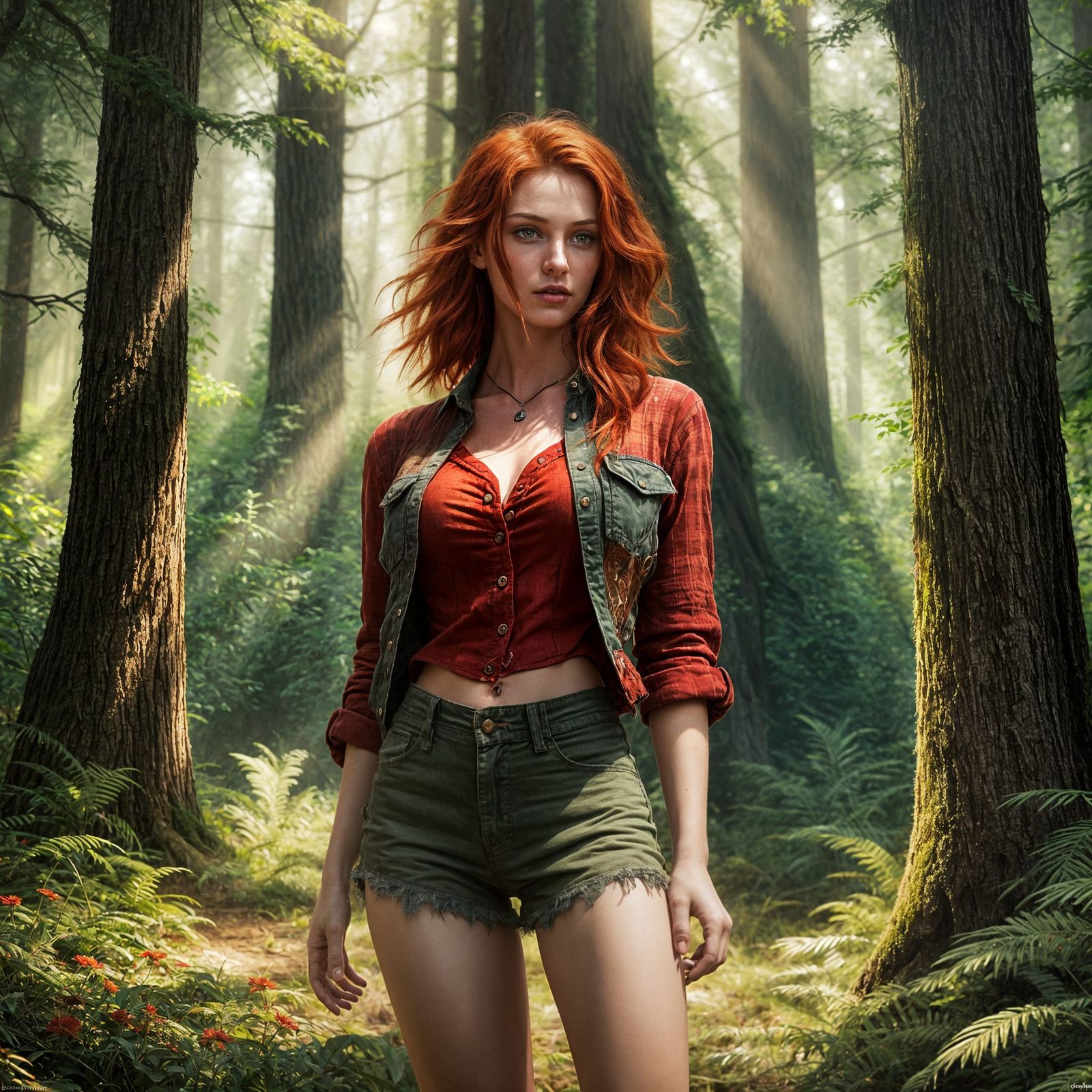 Red-Haired Girl in Forest, Detailed Digital Matte Painting