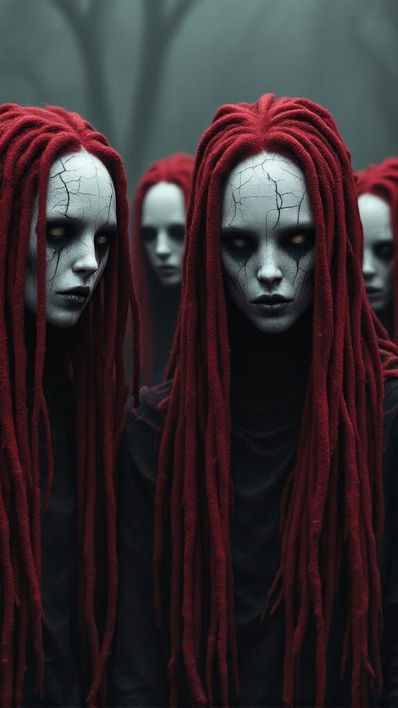 Ghostly Figures in Crimson Dreadlocks Unite in an Ancient Ri...