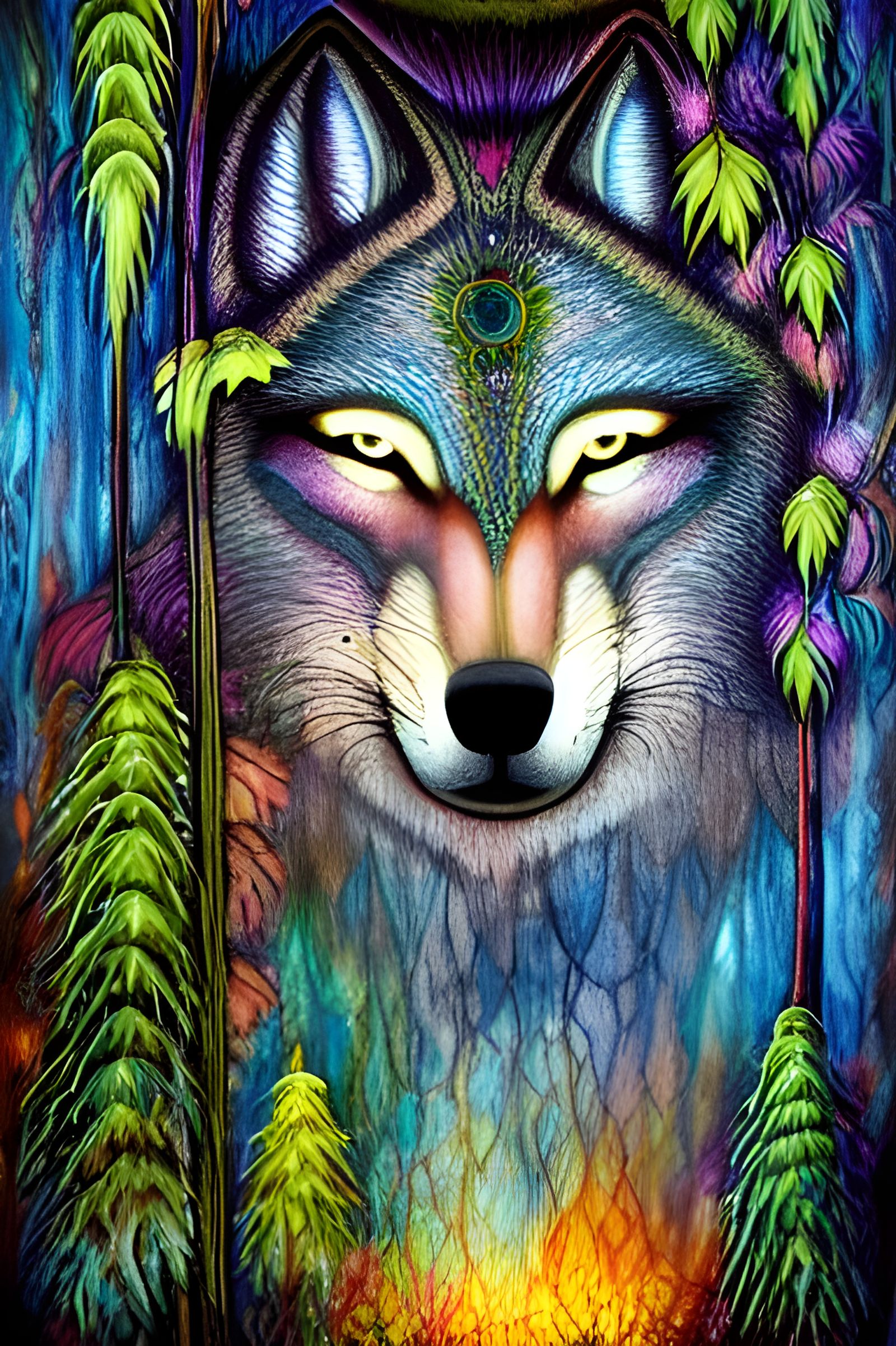 Spiritual Wolf Face with Magical Plants in Acrylic Style
