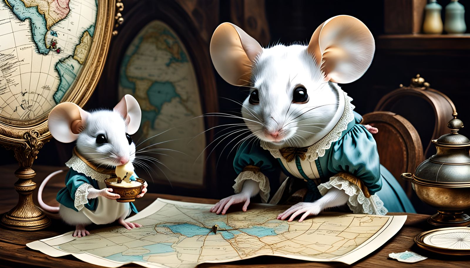 Victorian Mice Seek Cheese Treasure on Antique Map
