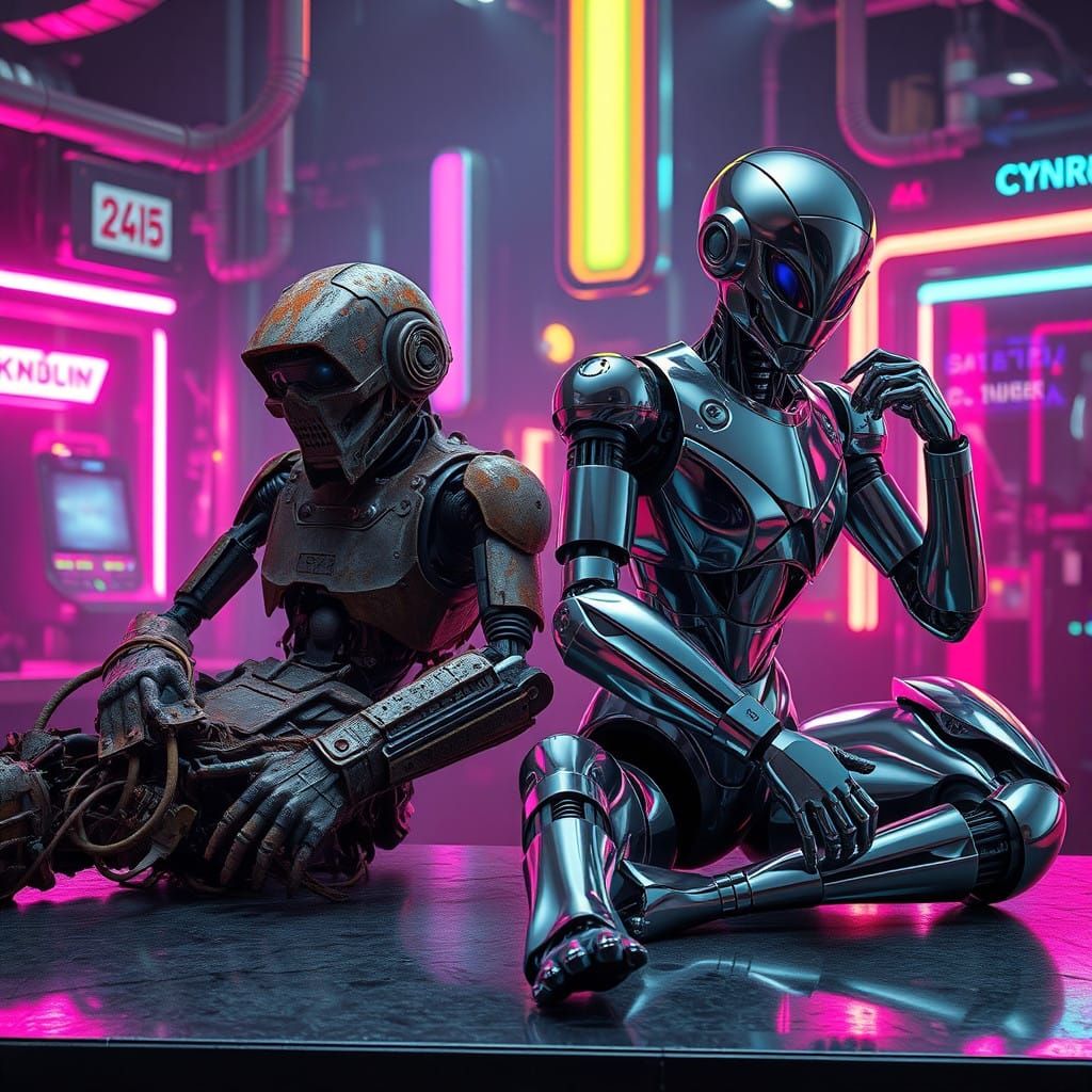 Cyberpunk Robots in Neon-lit Futuristic Lair