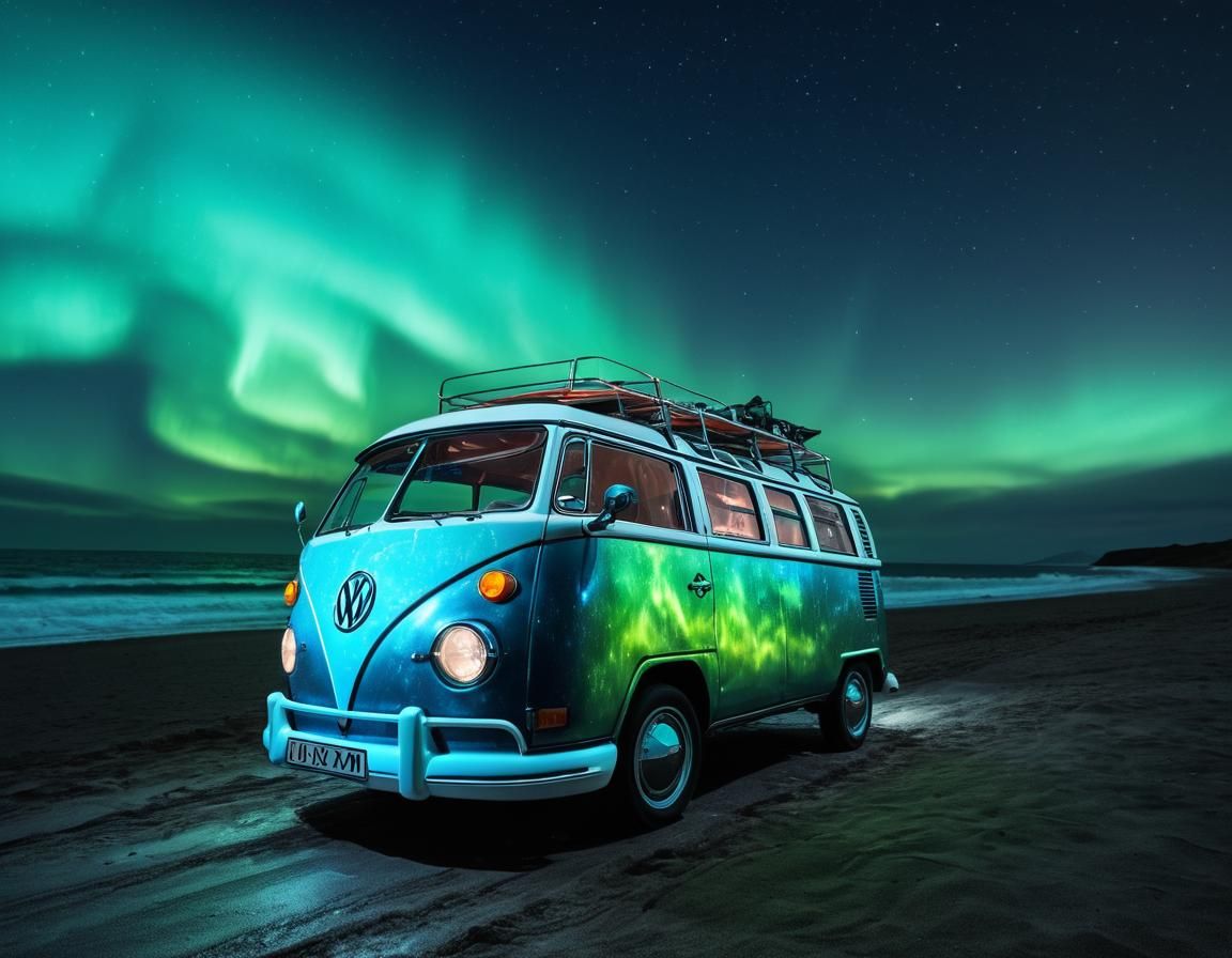 Surfing VW Bus Under Aurora Borealis
